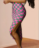 Shesways® Checkered Bodycon Midi Skirt with Side Slit
