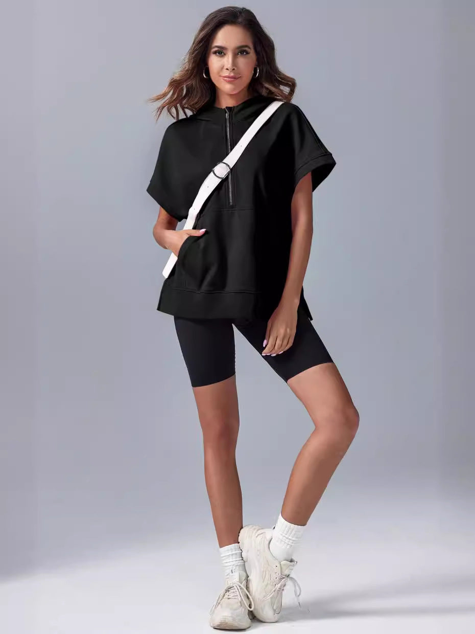 Oversized Short‑Sleeve Pullover Hoodie
