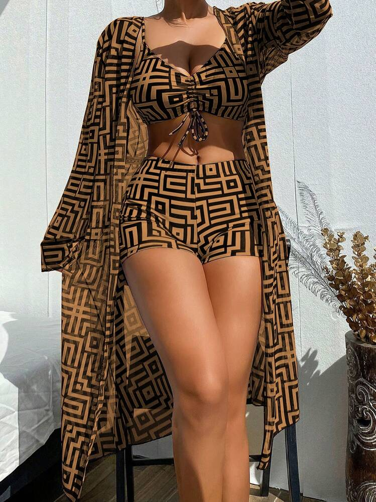 Shesways® 3-Piece Boho Bikini Set – High Waist & Kimono Cover-Up