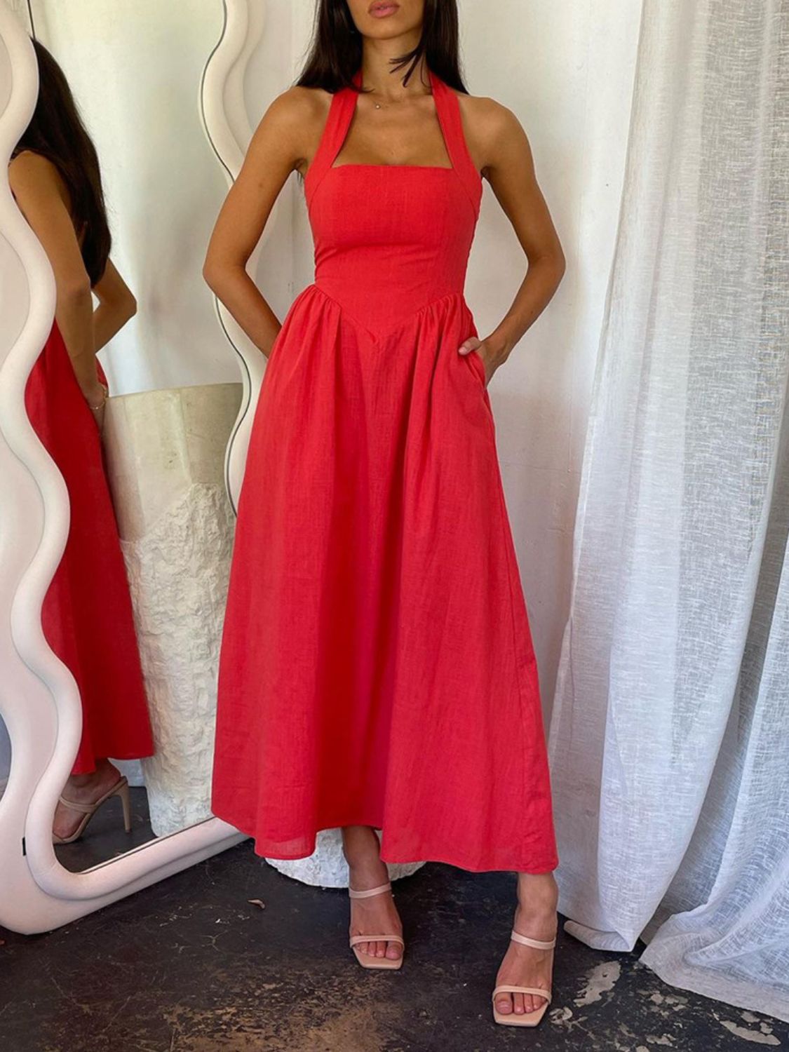 Shesways® Ruched Halter Neck Midi Dress