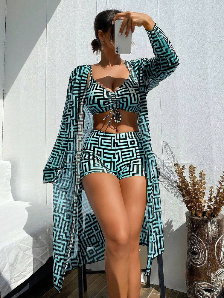 Shesways® 3-Piece Boho Bikini Set – High Waist & Kimono Cover-Up