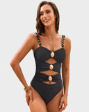 Shesways®Elegant Cut-Out One-Piece with Gold Accents Swimsuit