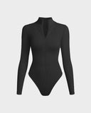 Ribbed Long Sleeve Half-Zip Shaping Bodysuit