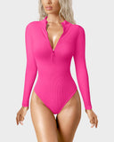 Ribbed Long Sleeve Half-Zip Shaping Bodysuit