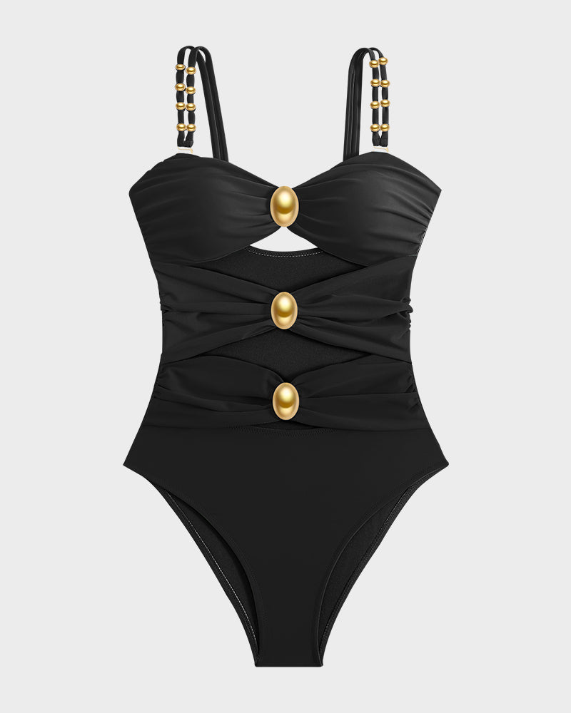 Shesways®Elegant Cut-Out One-Piece with Gold Accents Swimsuit