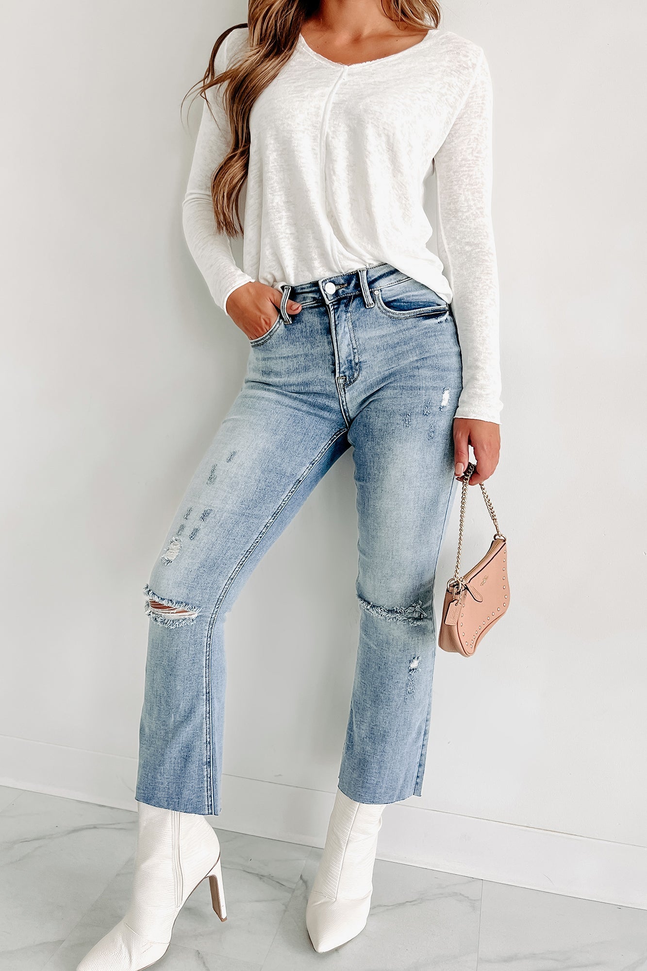 Shesways®Zion Mid-Rise Crop Kick Flare Risen Jeans (Light)