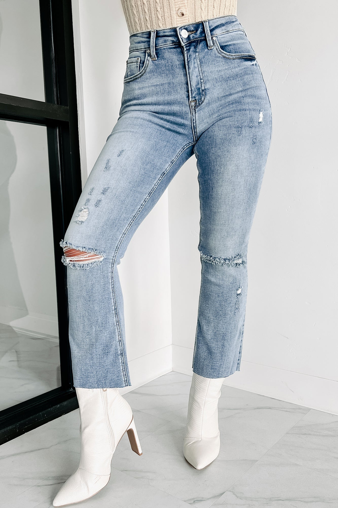 Shesways®Zion Mid-Rise Crop Kick Flare Risen Jeans (Light)