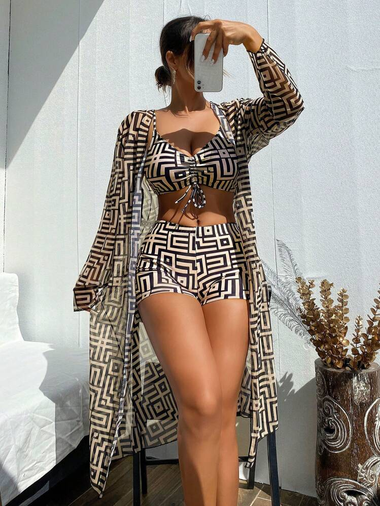 Shesways® 3-Piece Boho Bikini Set – High Waist & Kimono Cover-Up