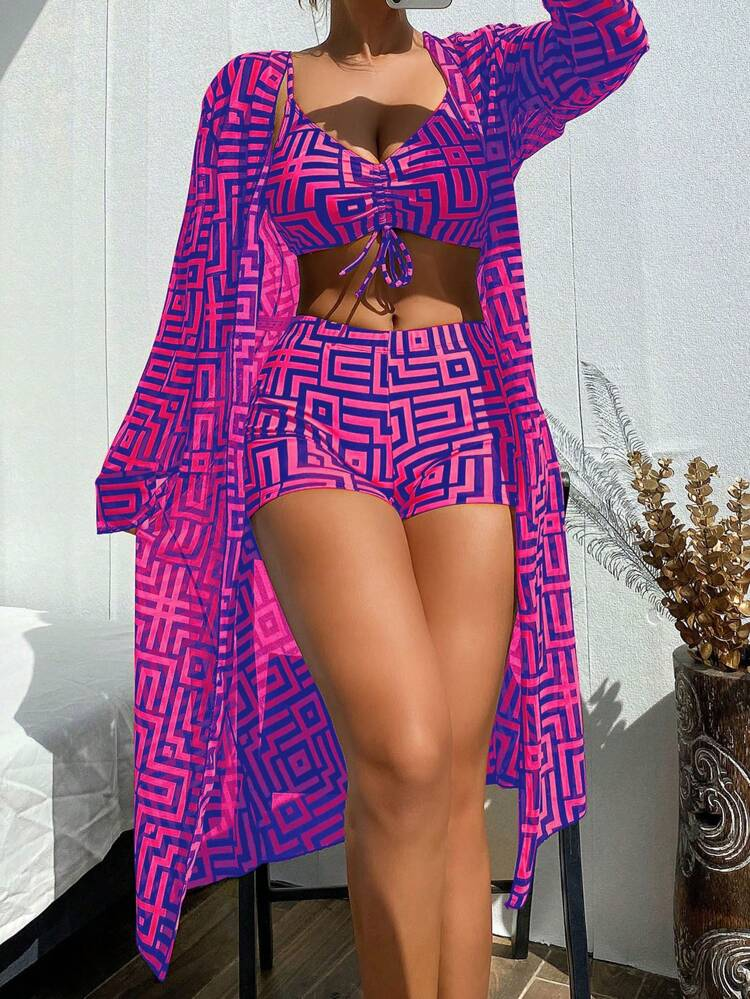 Shesways® 3-Piece Boho Bikini Set – High Waist & Kimono Cover-Up