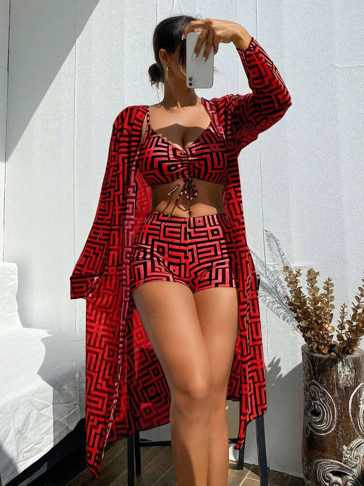 Shesways® 3-Piece Boho Bikini Set – High Waist & Kimono Cover-Up