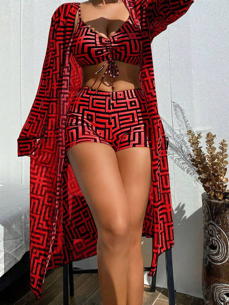 Shesways® 3-Piece Boho Bikini Set – High Waist & Kimono Cover-Up
