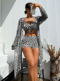 Shesways® 3-Piece Boho Bikini Set – High Waist & Kimono Cover-Up